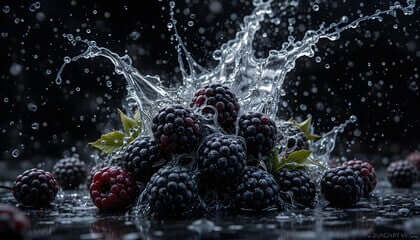 Fresh blackberries splashing in water, showcasing juicy richness and vibrant color.