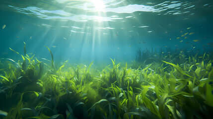 Underwater view of vibrant seagrass swaying in sunlight beams, evoking a serene oceanic atmosphere.