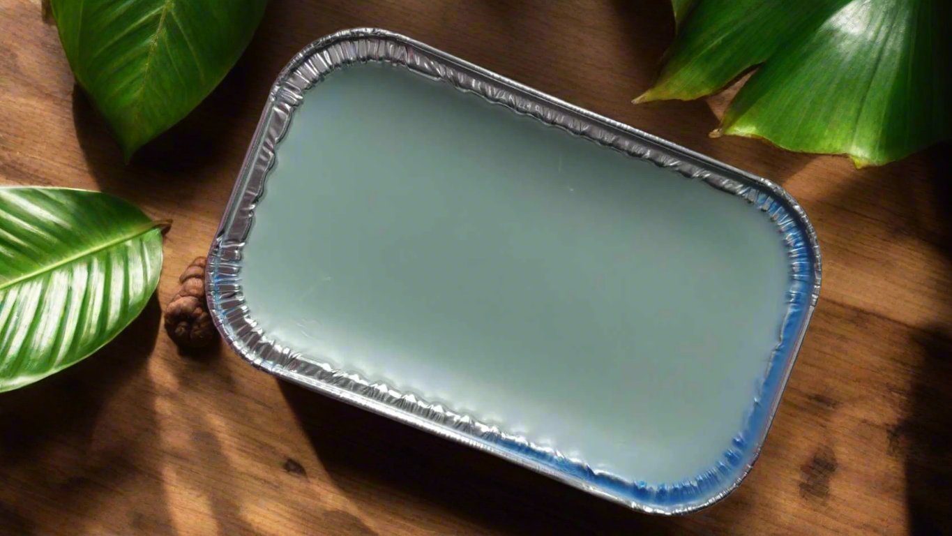 Handcrafted artisan wax melt in aluminum container, resting on a wooden surface surrounded by green leaves.