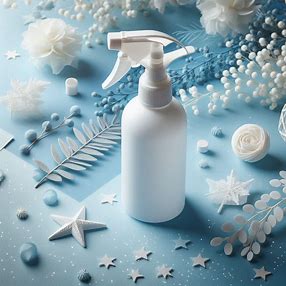 Luxury linen and room spray bottle surrounded by white flowers and decorative elements on a blue background.